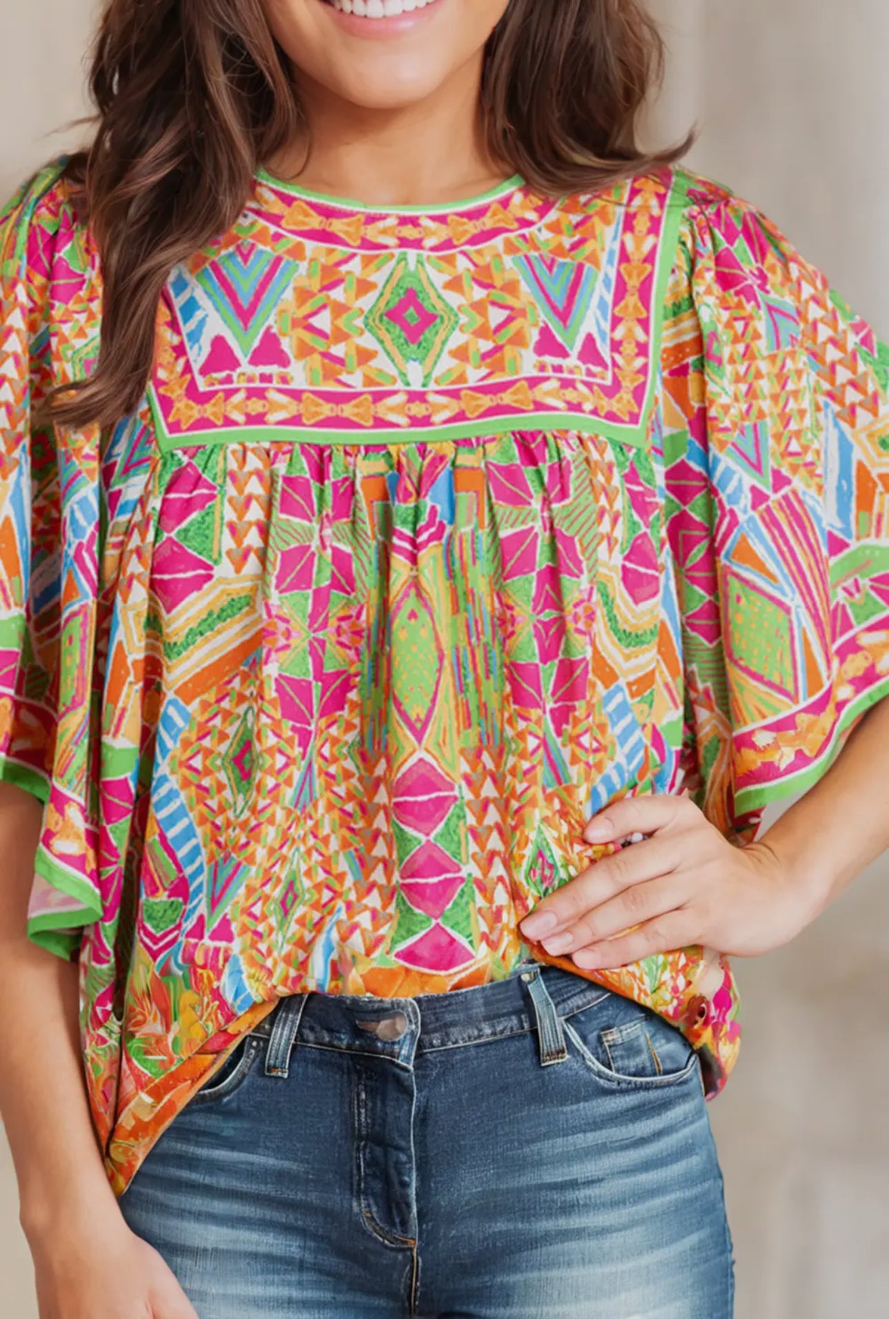 Geometric Print Bell Sleeve Blouse