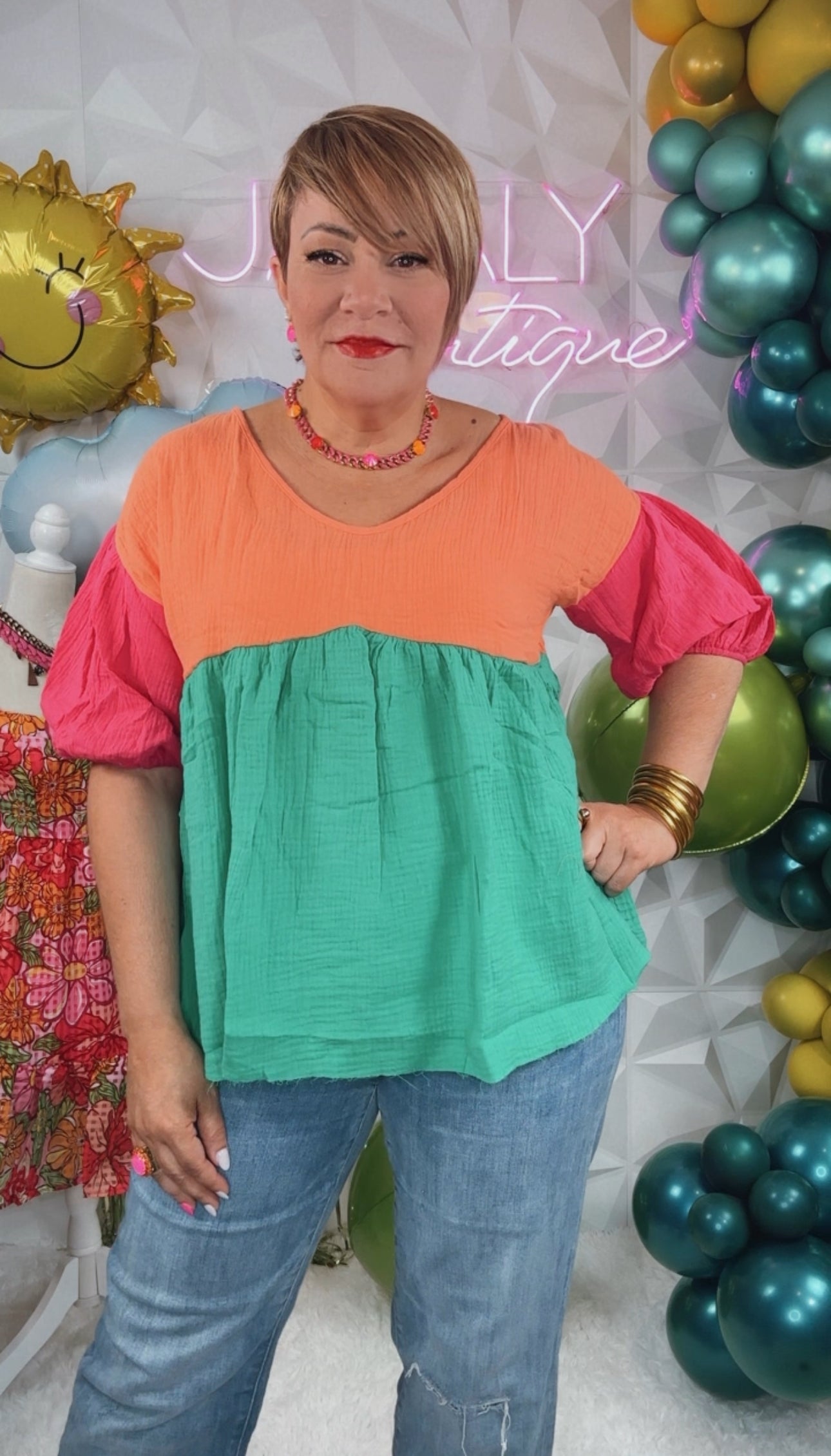 Multicolor Bubble Sleeve Blouse