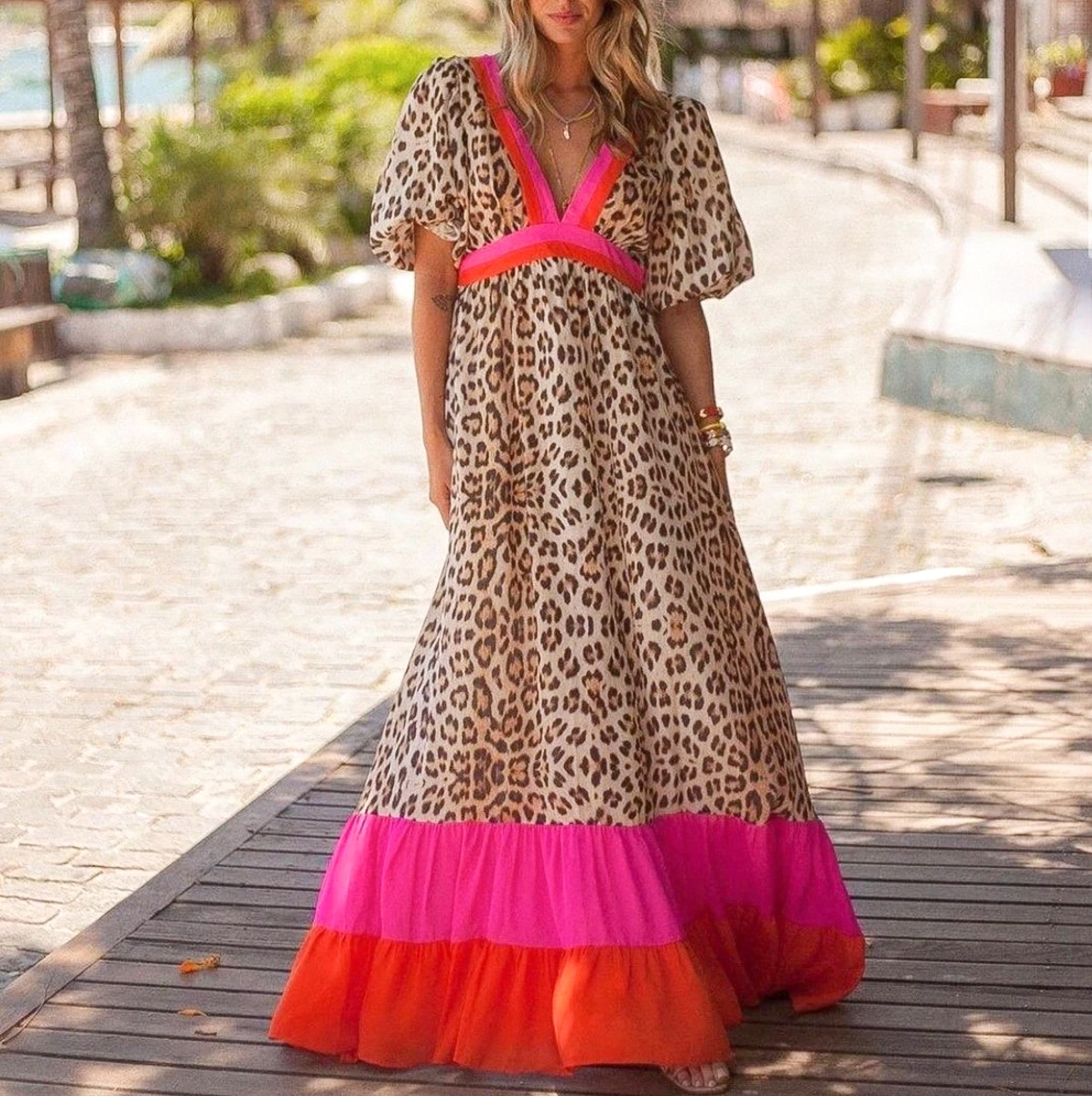 V-Neck Leopard Print Maxi Dress