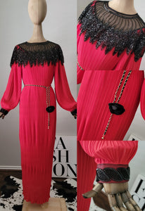 Long Pleated Red Dress with Crystals