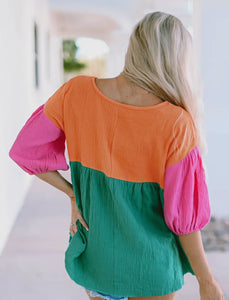 Multicolor Bubble Sleeve Blouse