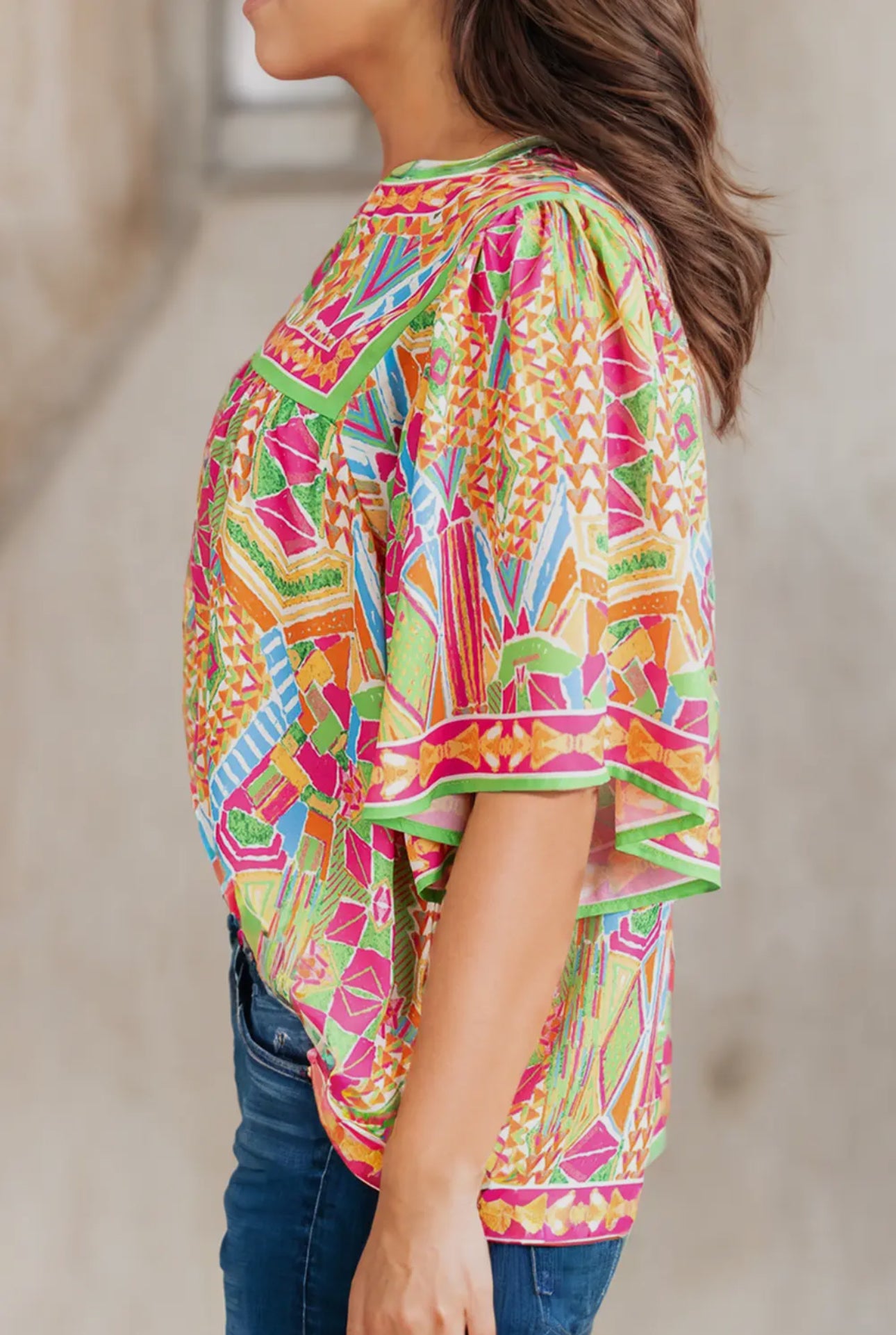 Geometric Print Bell Sleeve Blouse