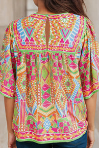 Geometric Print Bell Sleeve Blouse