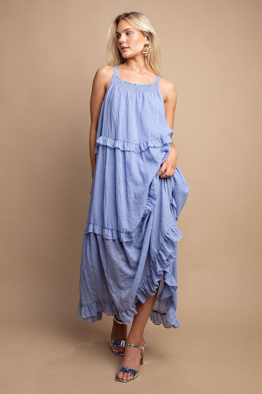 Blue Tie Back Ruffle Maxi Dress