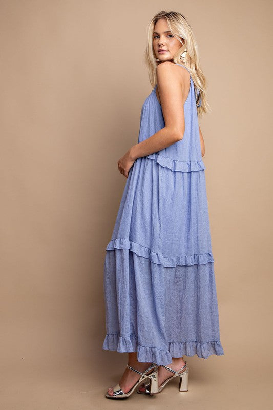 Blue Tie Back Ruffle Maxi Dress