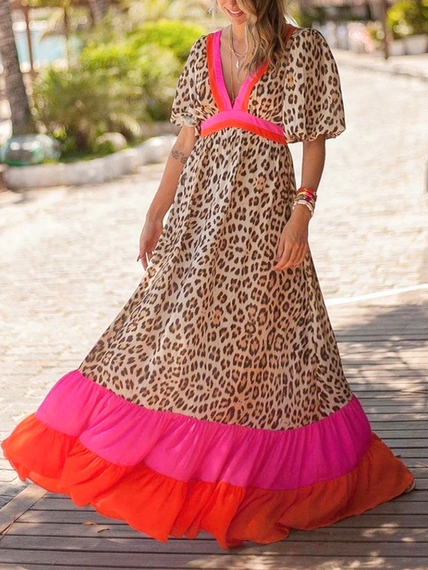 V-Neck Leopard Print Maxi Dress