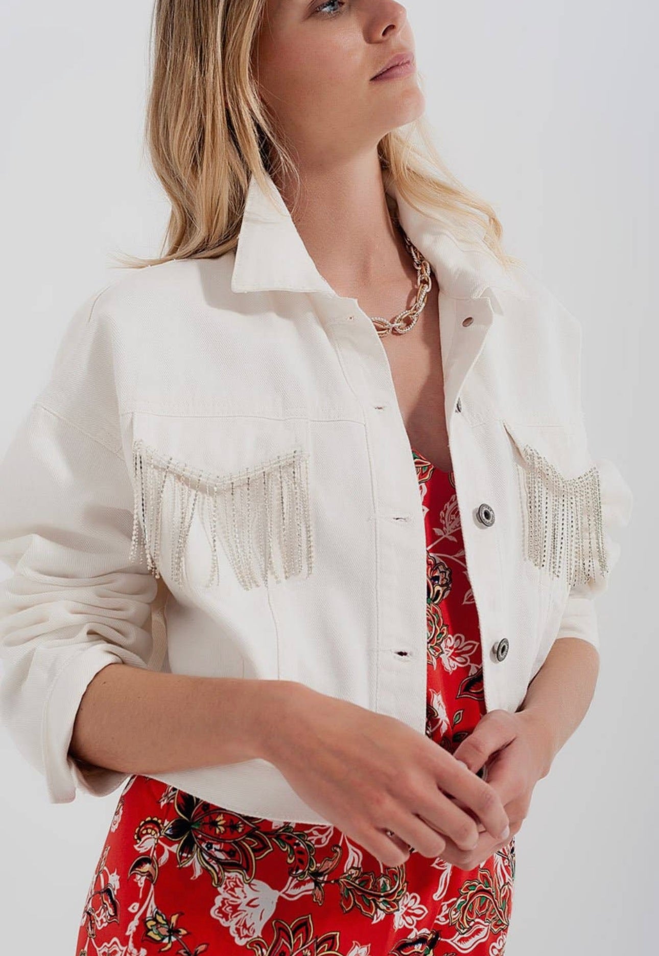 Rhinestone White Denim Jacket