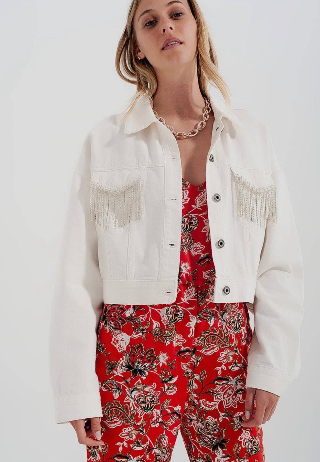 Rhinestone White Denim Jacket