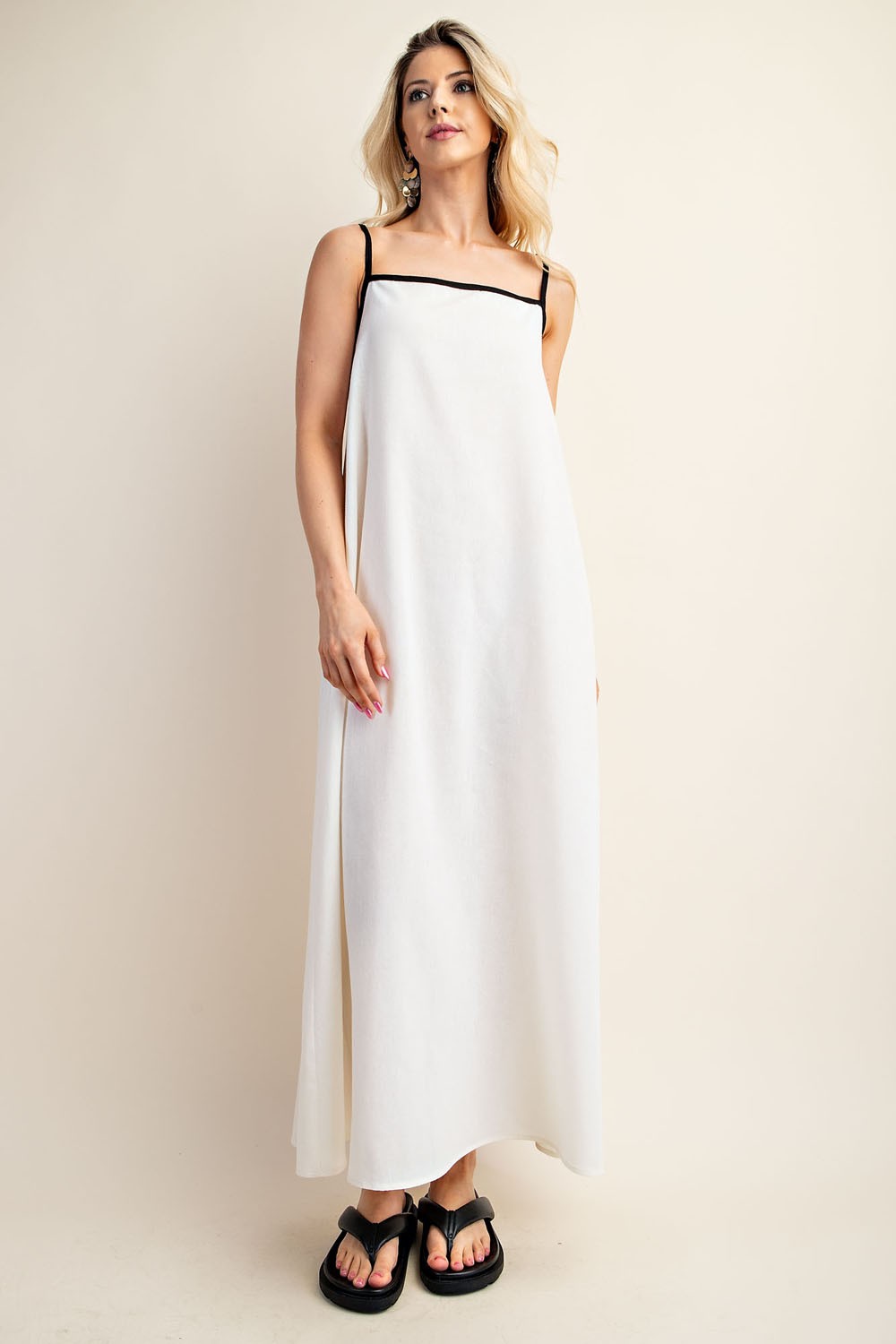 Linen Midi Dress with Spaghetti Straps