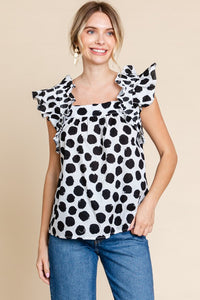 Dot Print Flutter Sleeves Top