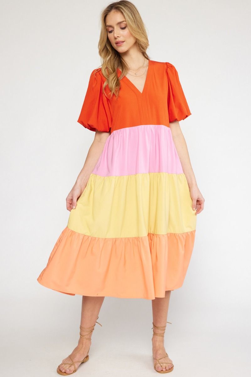 V-Neck Colorblock Tiered Midi Dress