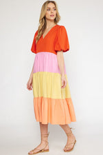 Load image into Gallery viewer, V-Neck Colorblock Tiered Midi Dress
