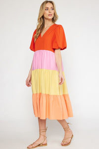 V-Neck Colorblock Tiered Midi Dress