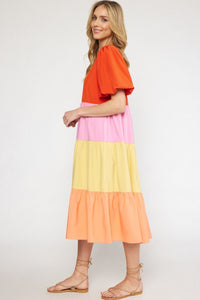 V-Neck Colorblock Tiered Midi Dress