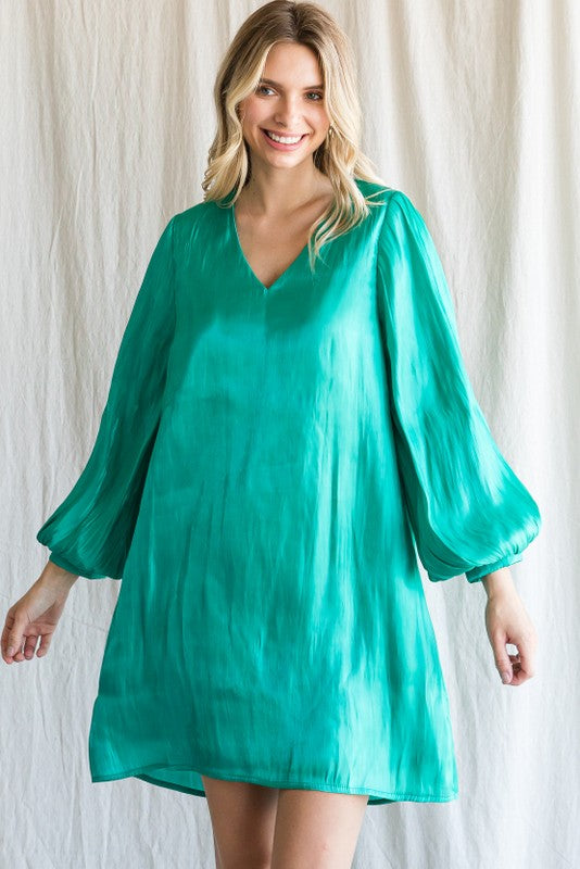 Glossy Green VNeck Dress