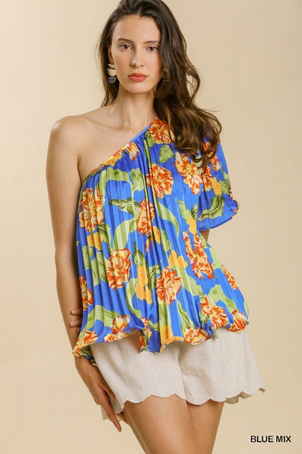 One-Shoulder Satin Pleated Top