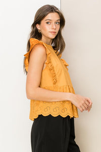 Ruffle Sleeveless Eyelet Top