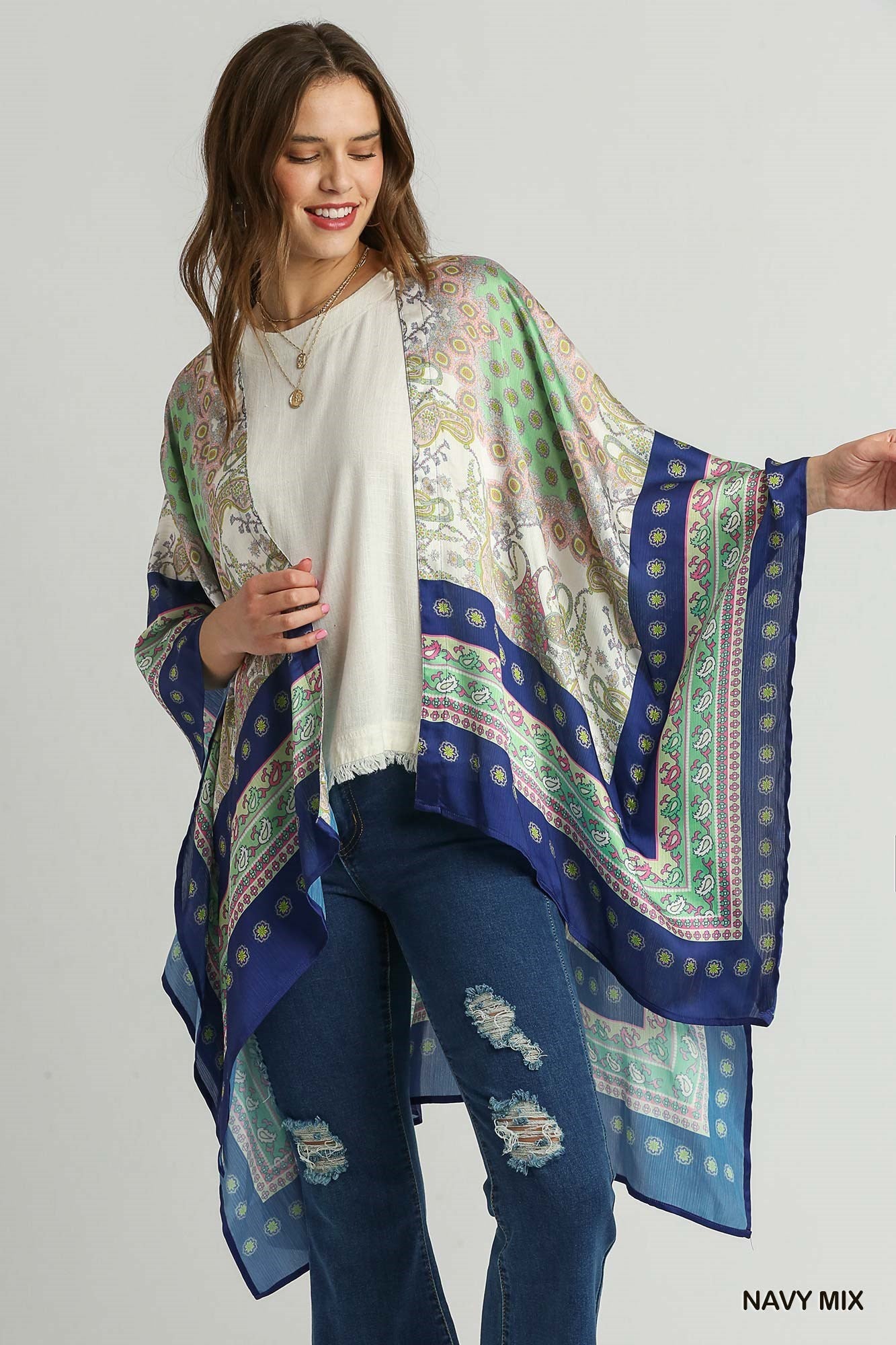 Mixed Print Open Front Kimono