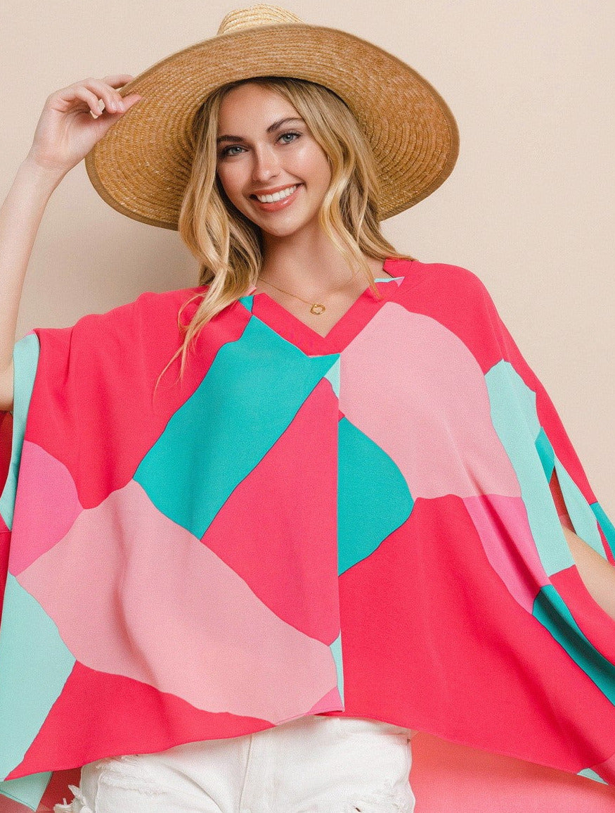 Pink Green Geo Printed V-Neckline Poncho