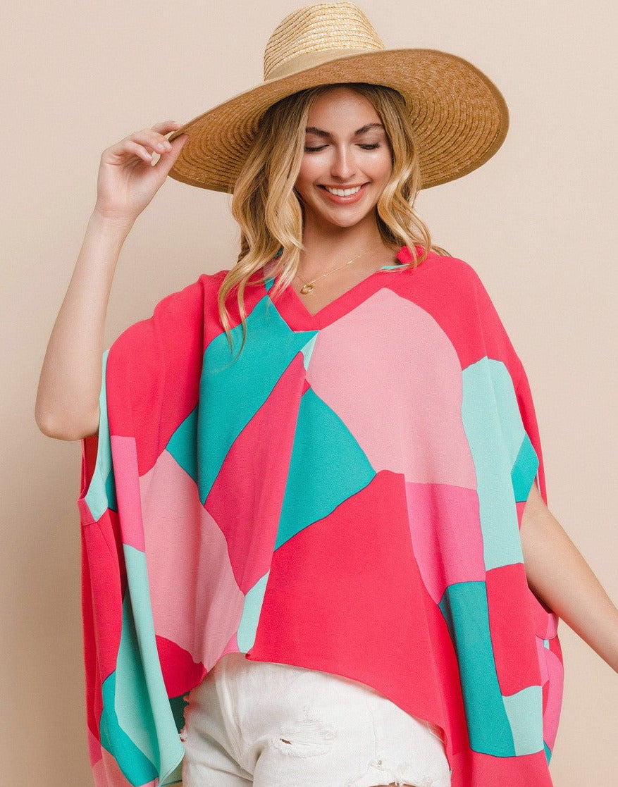 Pink Green Geo Printed V-Neckline Poncho