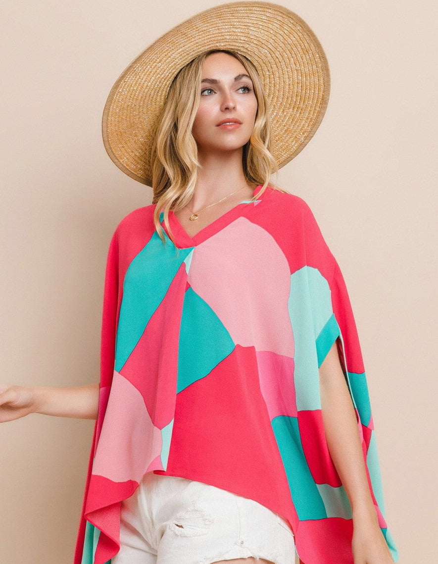 Pink Green Geo Printed V-Neckline Poncho