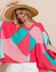 Pink Green Geo Printed V-Neckline Poncho