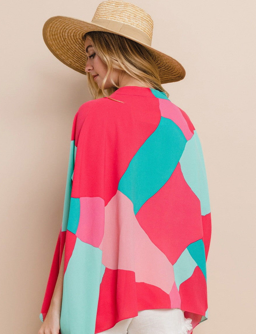 Pink Green Geo Printed V-Neckline Poncho