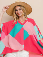 Load image into Gallery viewer, Pink Green Geo Printed V-Neckline Poncho
