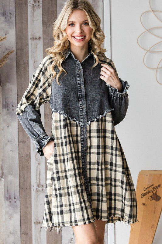 Plaid Contrast Denim Dress