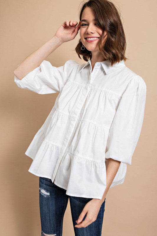 Poplin Tier Button Down Blouse