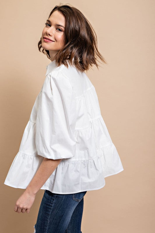 Poplin Tier Button Down Blouse