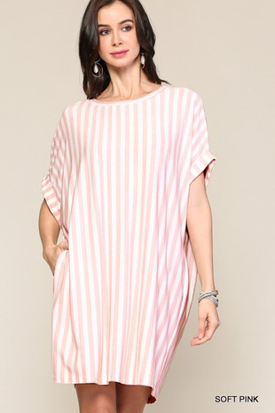 Stripe Cuffed Short Sleeves Dress