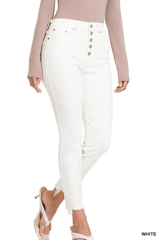 Button Fly White Skinny Jeans