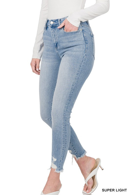 Distressed Hem Skinny Denim Pants