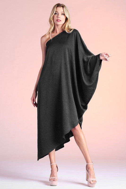 Satin Crepe Asymmetrical One Sleeve Dress