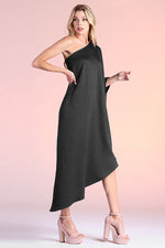 Load image into Gallery viewer, Satin Crepe Asymmetrical One Sleeve Dress
