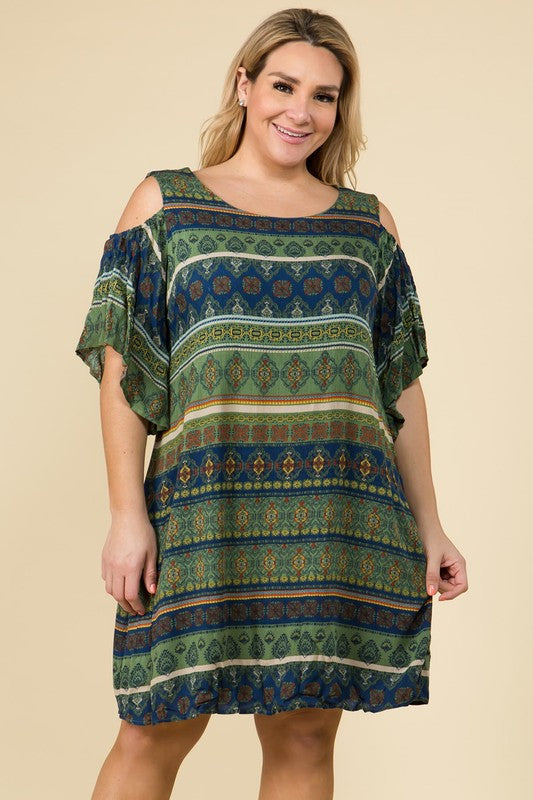 Olive Print Cold Shoulder Dress