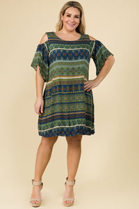 Olive Print Cold Shoulder Dress