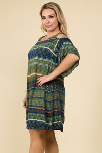 Olive Print Cold Shoulder Dress
