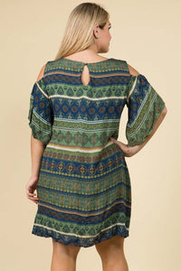 Olive Print Cold Shoulder Dress
