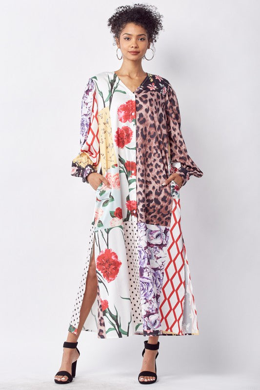 Patchwork Printed Jacket Dress & Pants Set