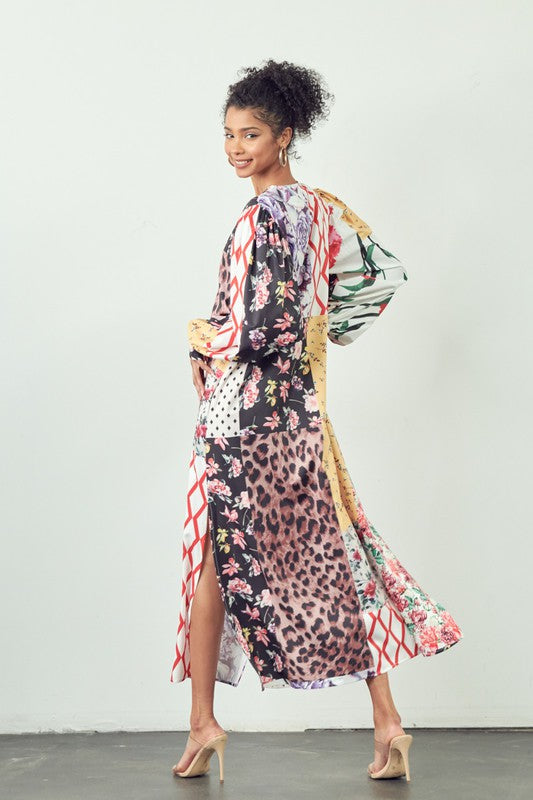 Patchwork Printed Jacket Dress & Pants Set