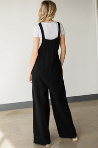 Black Solid Linen Overalls