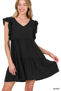 Black Ruffle Sleeve Short Dress