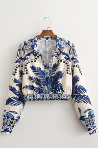 Printed Long Sleeve V-Neck Crop Top