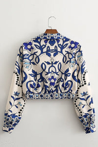 Printed Long Sleeve V-Neck Crop Top