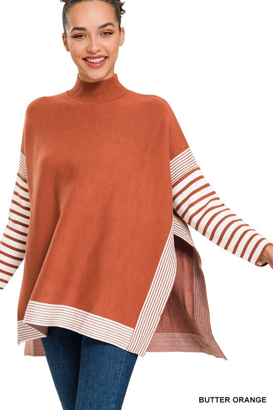 Striped Mock Neck Hi-Low Sweater