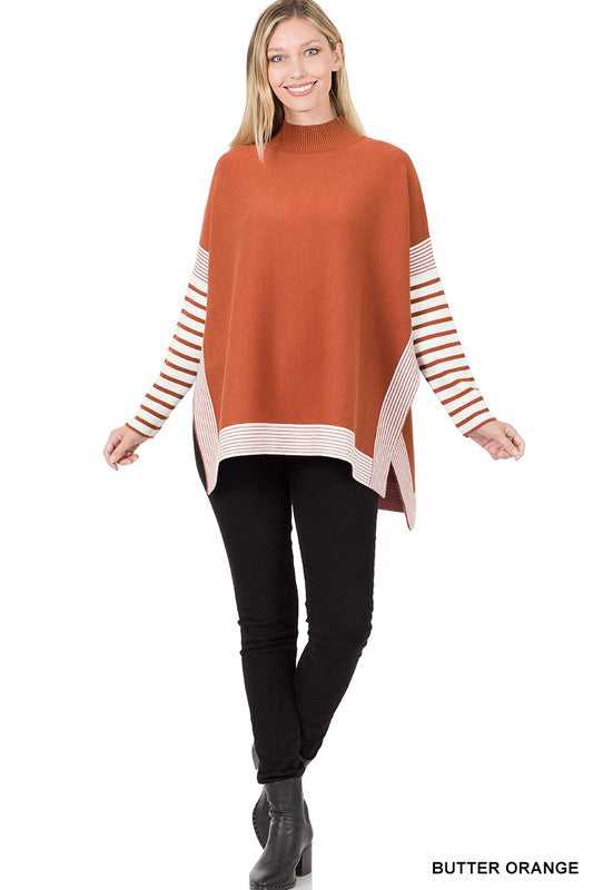 Striped Mock Neck Hi-Low Sweater