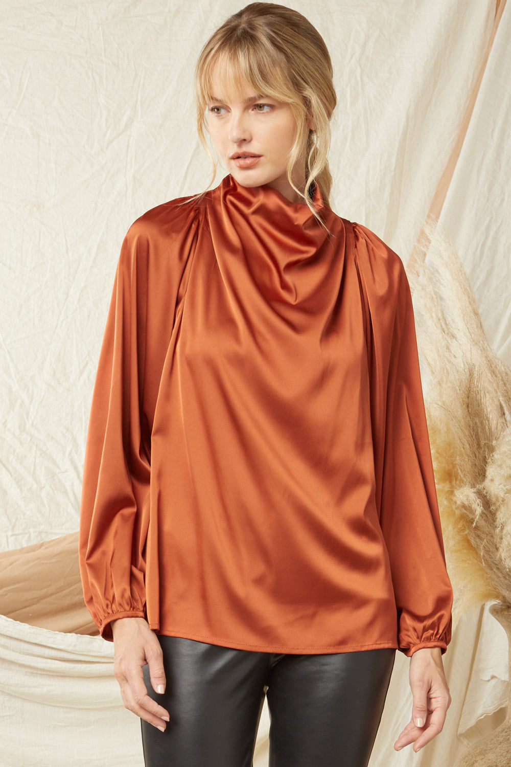 Solid Satin Cowl Neck Long Sleeve Top