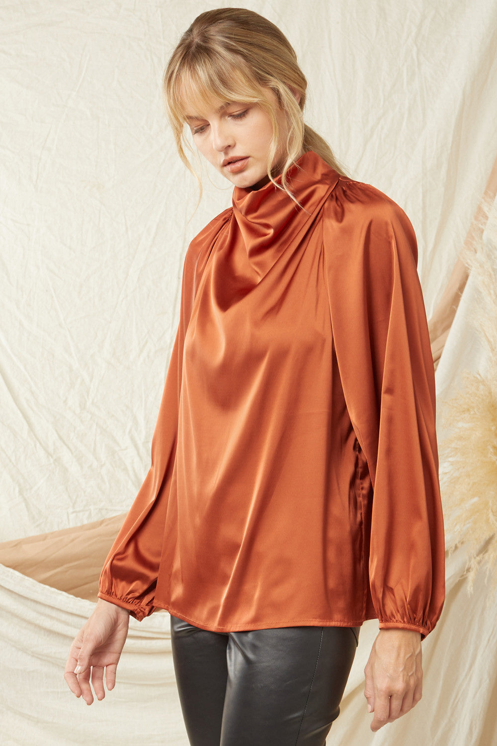 Solid Satin Cowl Neck Long Sleeve Top